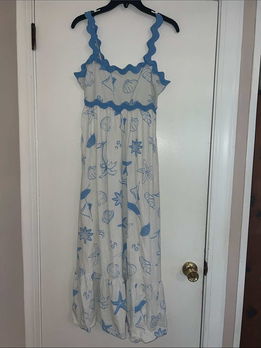 White Maxi Dress with Blue Shell Print and Scalloped Straps
